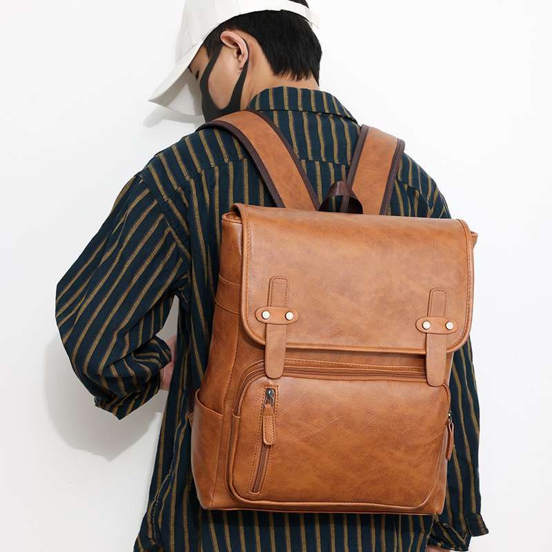 レザーリュック 男性用茶色本革風フラップ式背負い鞄 通学