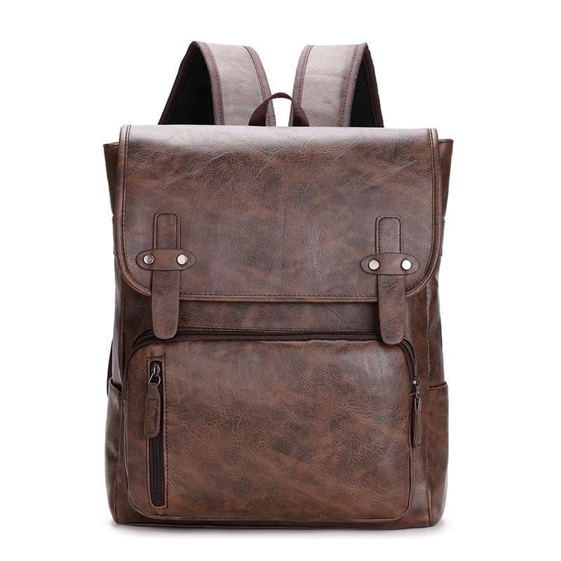 レザーリュック 男性用茶色本革風フラップ式背負い鞄 通学