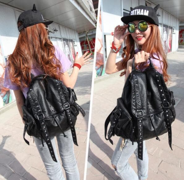 レザーリュック スタッズ付き合皮多機能バックパック 通学