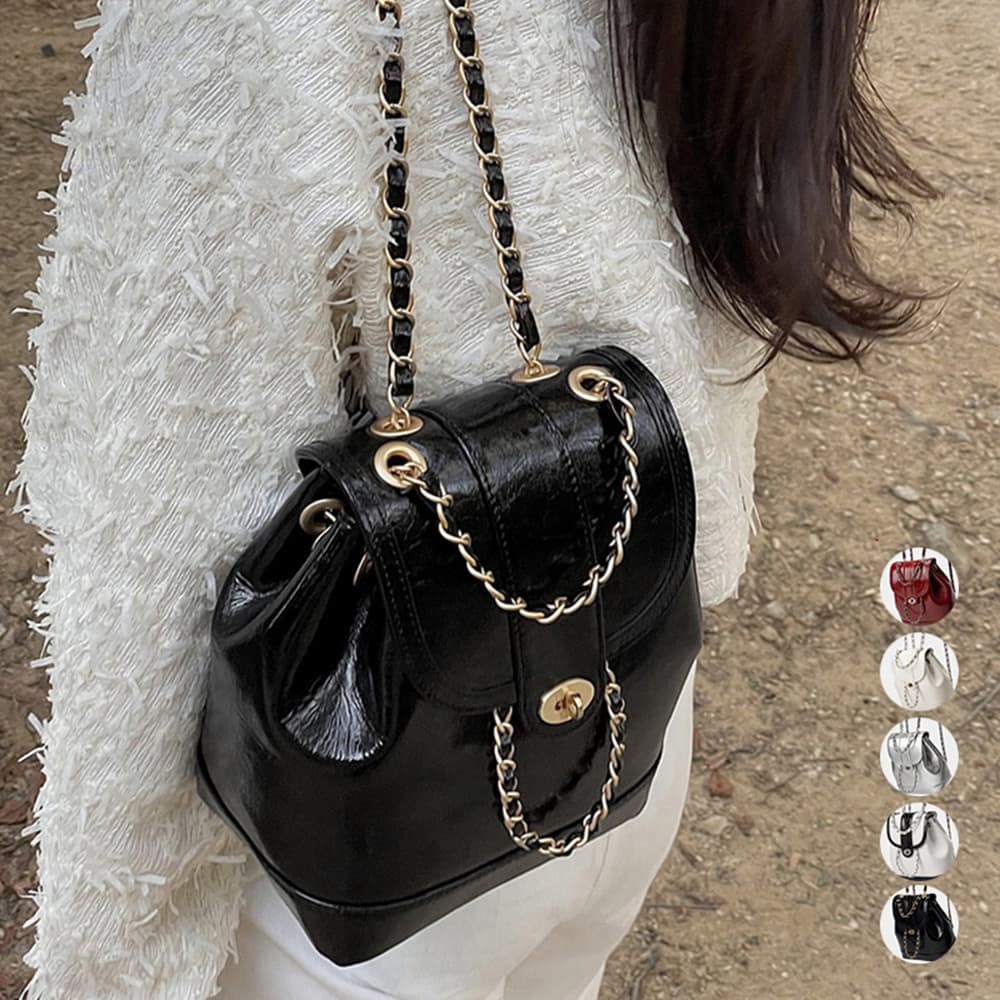 レザーリュック レザー風巾着リュック チェーン付きミニバッグ