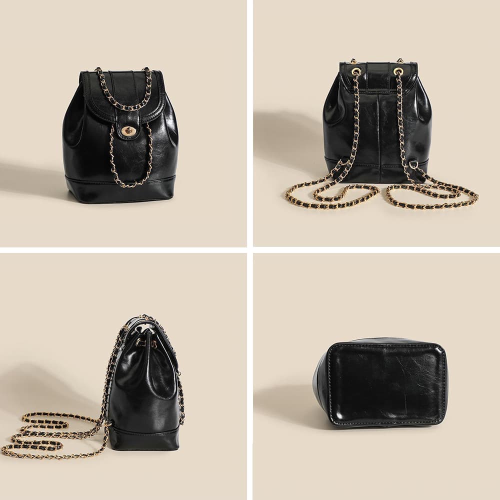 レザーリュック レザー風巾着リュック チェーン付きミニバッグ