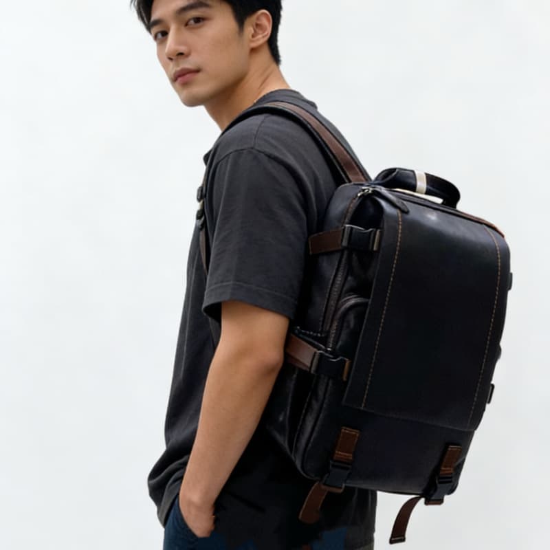 レザーリュック 本革スクエア型大容量通学用リュックサック