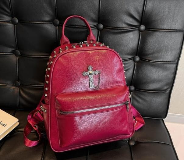 レザーリュック 十字架スタッズ付きフェイク 通学