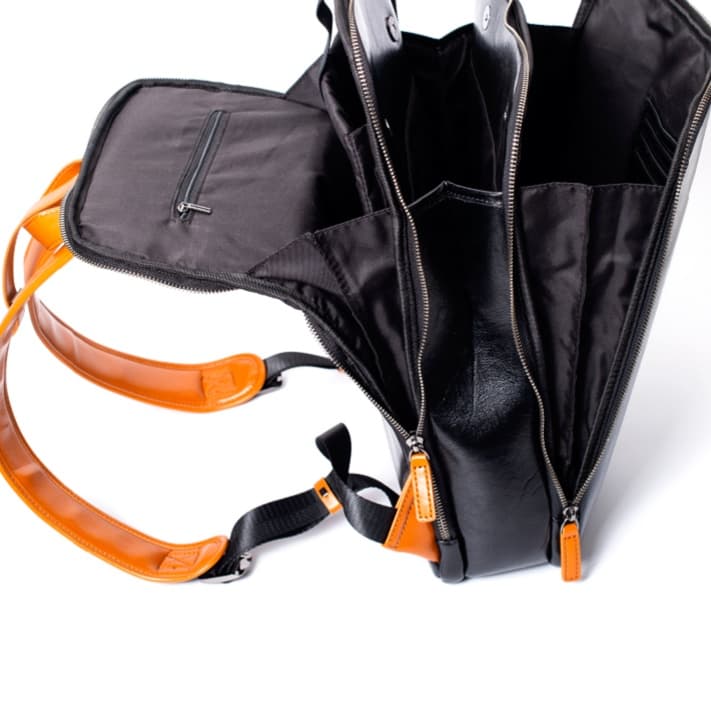 レザーリュック 本革仕切り豊富メンズリュック橙色持ち手 ビジネス