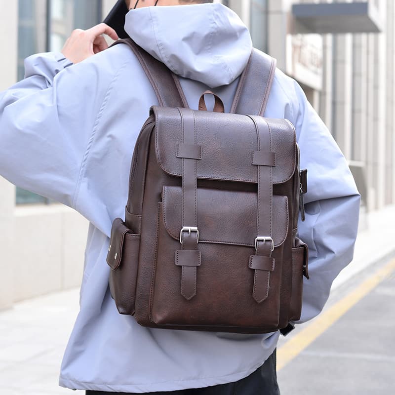 レザーリュック 紳士用本革鞄 ベルト留め式古典デザイン背負い鞄 ビジネス