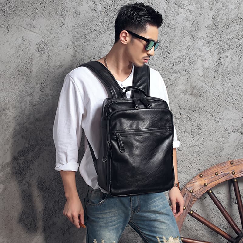 レザーリュック 本革黒色大容量 男性用四角型 ビジネス