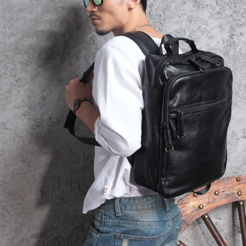 レザーリュック 本革黒色大容量 男性用四角型 ビジネス
